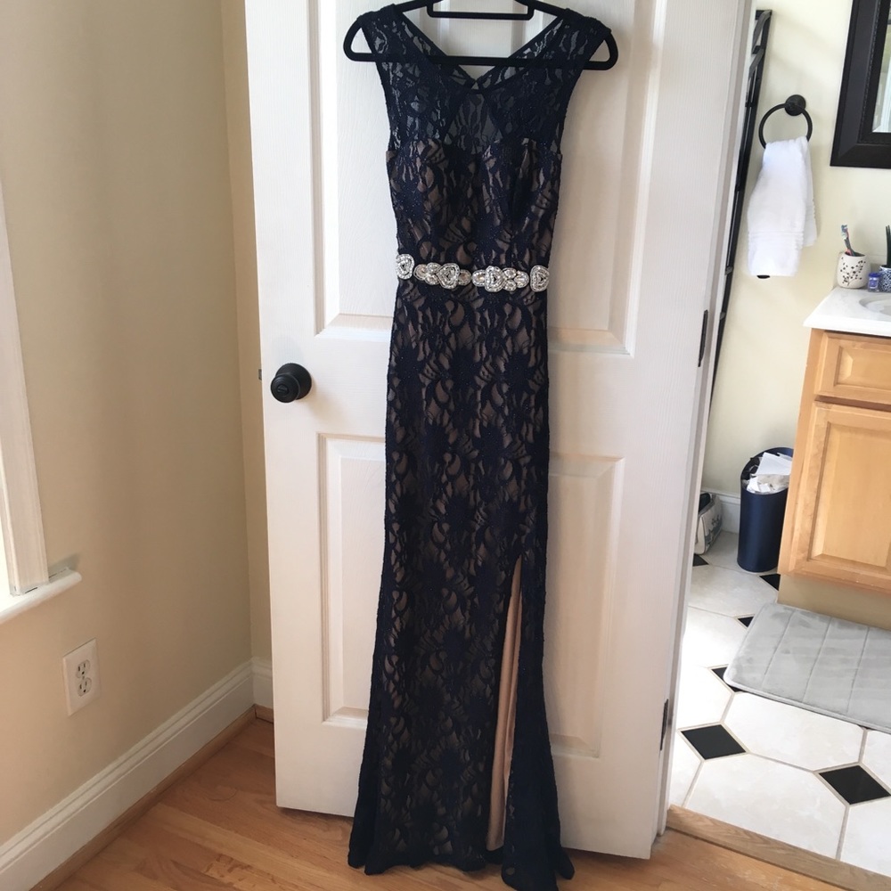 Navy blue lace floor length gown